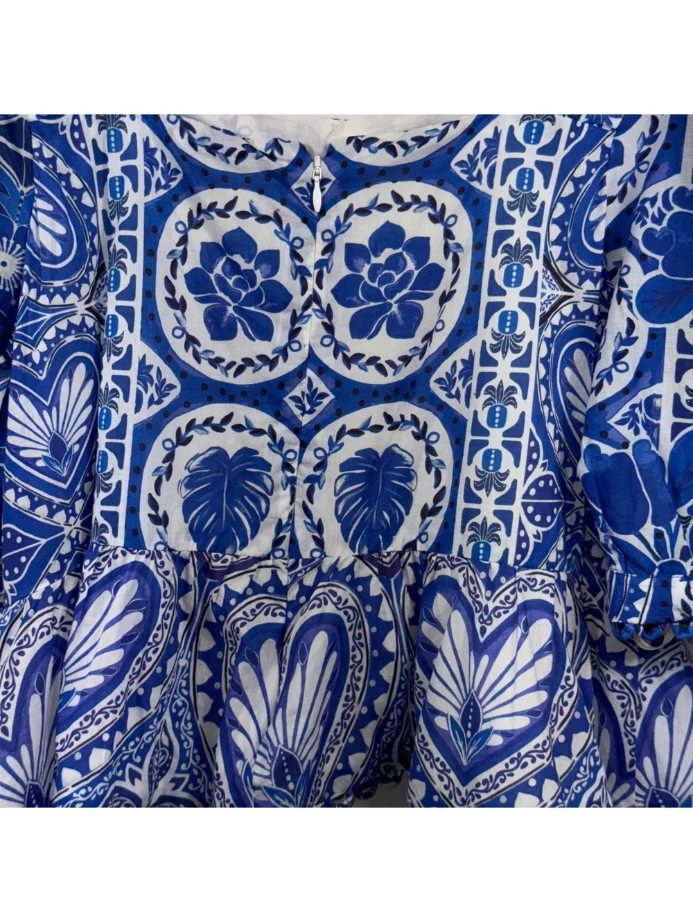 FARM Rio Blue Motif Puff Sleeve Peplum Top XL NWT